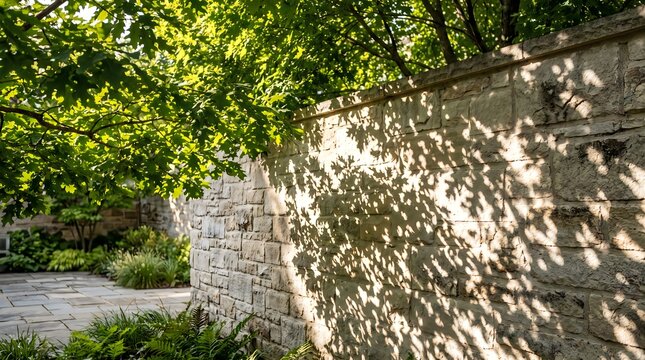 Sunlight casting leaf shadows on a rustic stone garden wall in a peaceful backyard