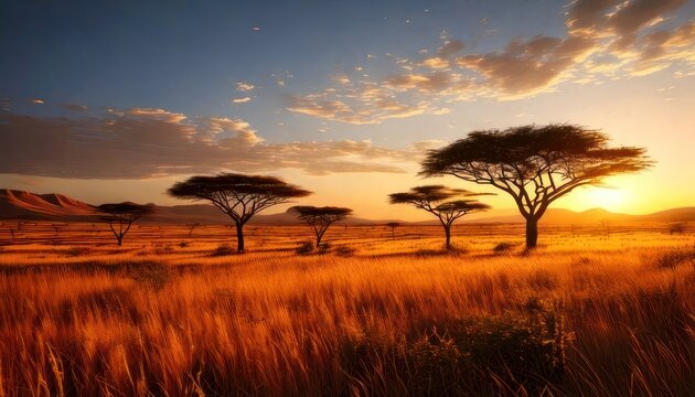 Savannah landscape with acacia trees sunset.