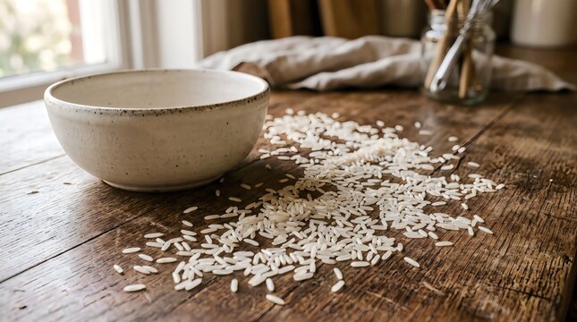 Raw white rice scattered on a rustic wooden kitchen table with a ceramic bowl
