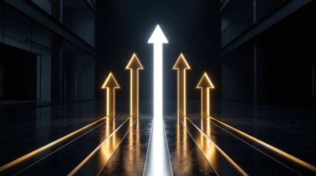 Glowing arrows pointing upward on a dark reflective floor representing growth and success with progress
