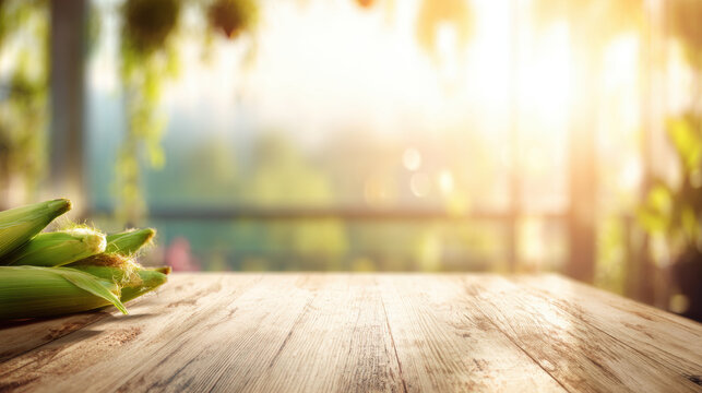Corn placed on a wooden table in a bright space during the late afternoon