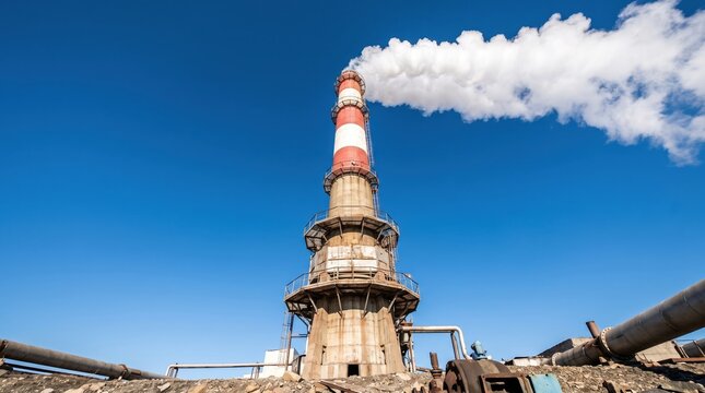 Industrial factory chimney emitting smoke against a clear blue sky with industry industrial pollution emission
