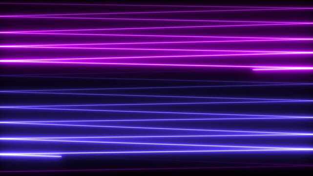 Neon glowing horizontal light lines abstract background, in purple and, blue cyberpunk style