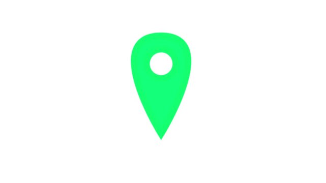 Green map pins animate across black and white striped background for location concept