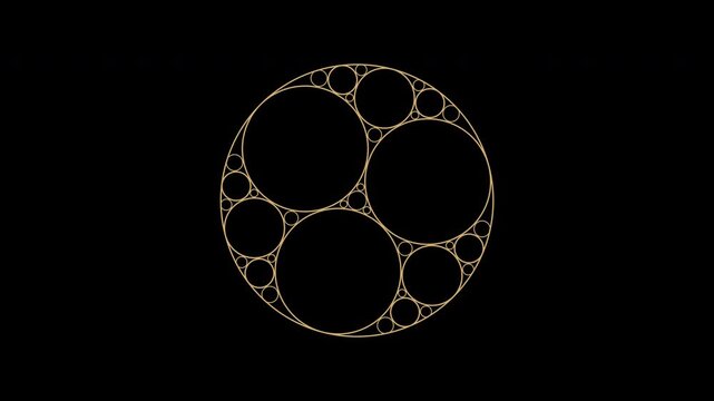 Rotating Apollonian circle cluster in amber gold on transparent background