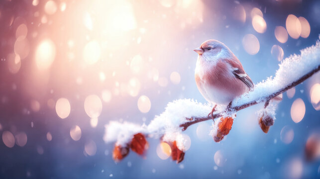 Bird perched on a snowy branch during winter with soft bokeh background