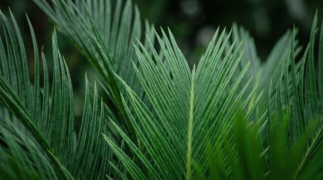 Detailed close up view of fresh green cycas palm foliage with tropical botanical environment sunlight