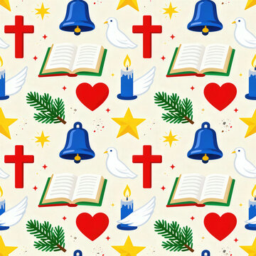 Christian Christmas Bible Dove Bell Cross Star Seamless Cream Pattern