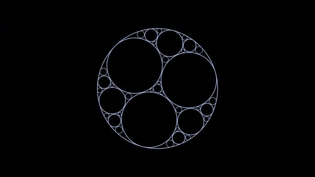 Rotating Apollonian circle cluster in periwinkle blue on transparent background