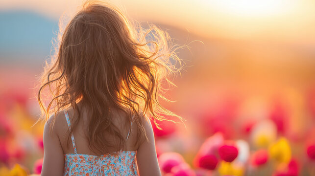 Child enjoys colorful flower field during sunset in a joyful moment