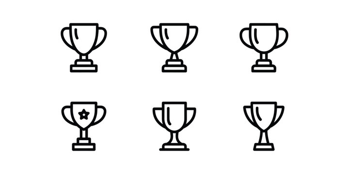 Set of black and white trophy cup line icons for award and achievement