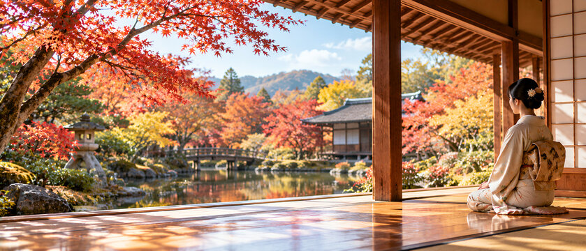 縁側から紅葉に彩られた日本庭園を眺める着物姿の女性