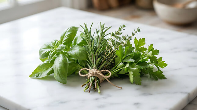 Fresh culinary herb bundle with basil rosemary and thyme on marble