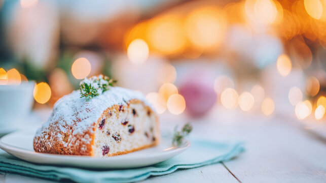 Delicious slice of stollen on a plate with festive lights in the background