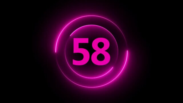 Neon pink circular countdown timer 58 seconds, glowing digital clock overlay for streaming and presentations