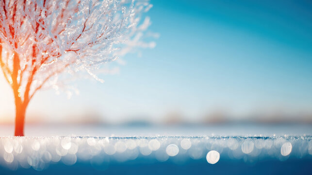 Frosted tree stands against a bright winter sky in a serene landscape
