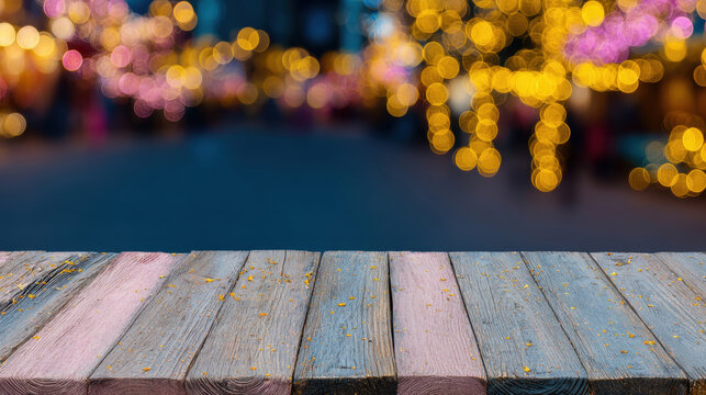 Soft bokeh lights create a festive atmosphere at the market during evening hours, while a wooden table remains in clear view.