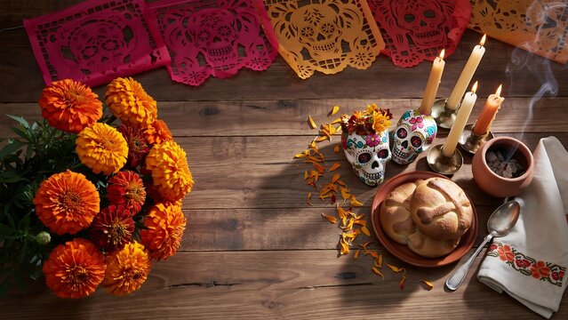 Flat lay of a Mexican Day of the Dead altar setup with festive decorations, skulls, and marigolds on wood