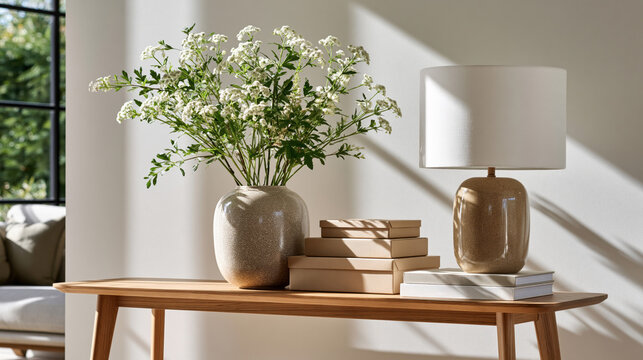 A modern console table with vase of white flowers  lamp  and stacked books in natural light