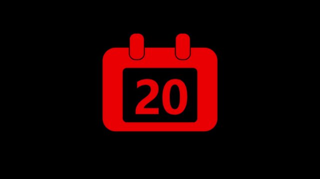 Red calendar animation with number 20 isolated on black background, for date and, deadline concepts twentieth