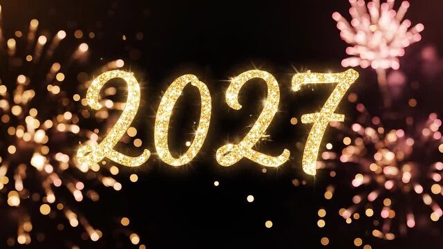 2027 New Year fireworks celebration with glittering numerals and colorful bursts. Animated holiday countdown greeting for a festive fresh start.