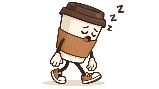 Coffee cup cartoon character mascot vector walking, tired paper drink cup with sleeping face illustration