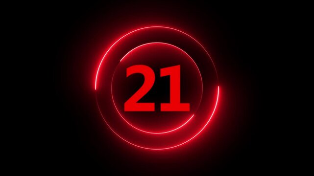 Red neon glowing countdown timer number 21 with rotating circular light rings twenty-one