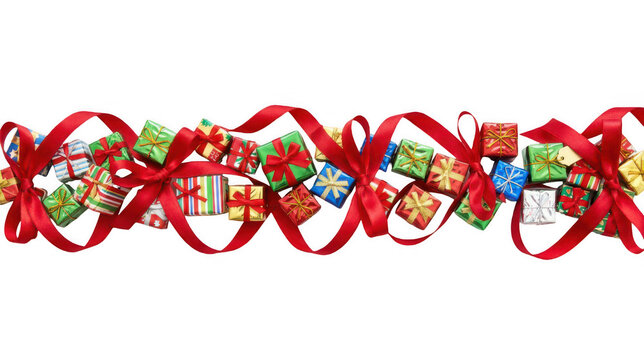 Row of colorful Christmas gift boxes with red ribbons for holiday design.