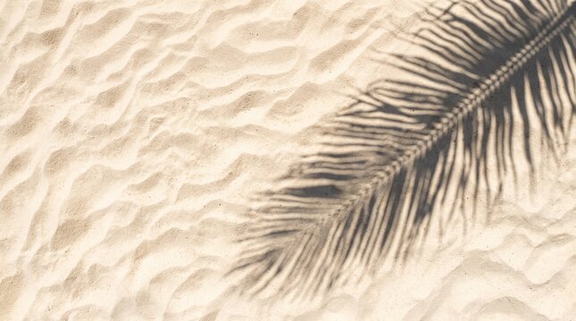 Palm tree frond casting shadow on textured sand beach in bright sunlight