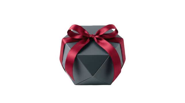 Geometric dark gray gift box with a satin red ribbon and bow for special occasions.