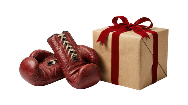 Vintage boxing gloves next to a wrapped present with red ribbon for a sports gift.
