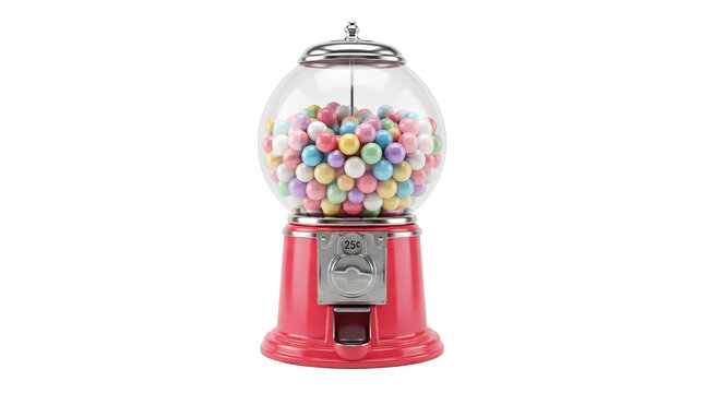 Vintage Red Gumball Machine filled with Colorful Bubble Gum Candy, Classic Retro Sweet Dispenser on White Background