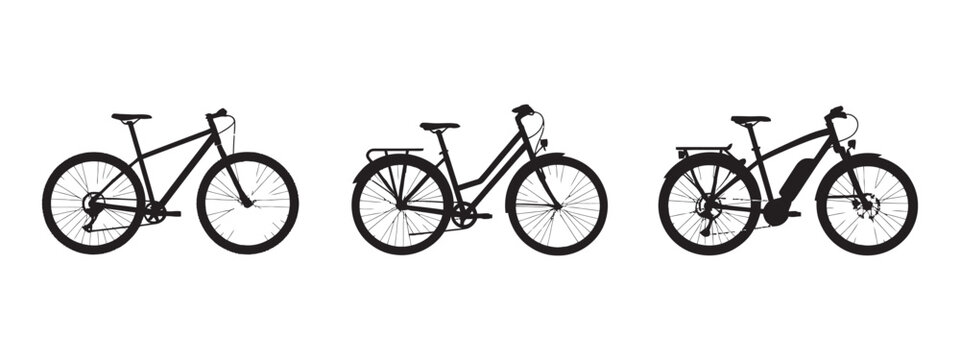Electric bike icons, e-bike silhouettes, modern bicycle vector set, electric cycling symbols, transportation graphics, eco-friendly mobility

