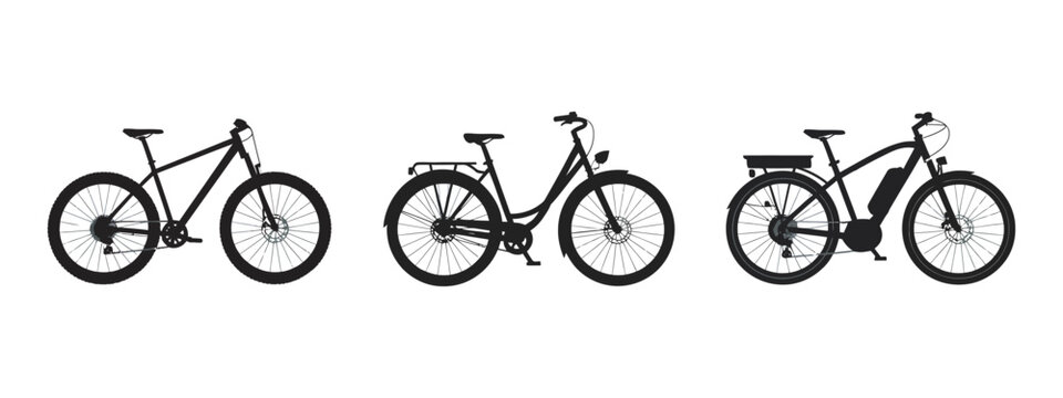 Electric bike icons, e-bike silhouettes, modern bicycle vector set, electric cycling symbols, transportation graphics, eco-friendly mobility


