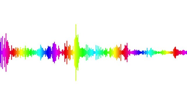 Vibrant rainbow audio waveform visualization pulsing on white background, sound spectrum