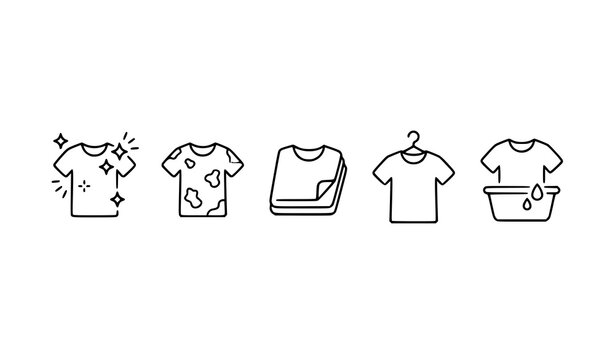 Create five highly minimal t-shirt outline symbols for clothing and laundry applications, using distinct compositions such as front-view shirt, side-folded shirt, hanging shirt, stained shirt, and fre