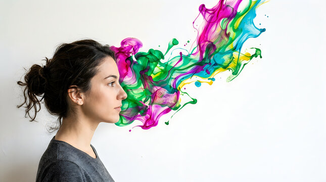 Side profile of a young woman with colorful ink clouds exploding around her head