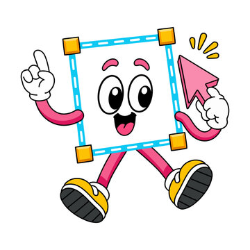 A smiling selection-frame character holds a cursor arrow while gripping a blue bounding edge, with corner nodes, gloves, and sneakers. Colorful.