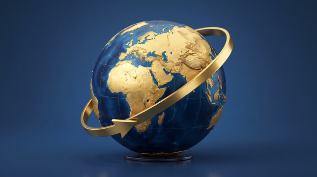 3d illustration of a golden globe of the earth with a surrounding arrow ring, representing global business, travel, and international logistics