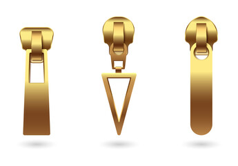 Set of three golden zipper pulls isolated on a transparent background © Sneha