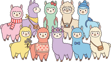 Cute kawaii llama and alpaca vector illustration set with funny cartoon characters wearing winter scarves sweaters and accessories © anita