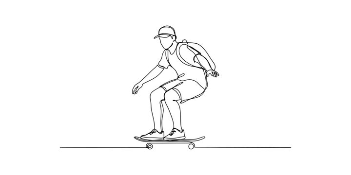 Continuous single line drawing of a young man skateboarding with a backpack