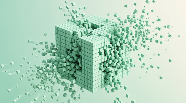 Abstract 3d composition of a large cube disintegrating into many small individual cubes, representing digital data breakdown or transformation