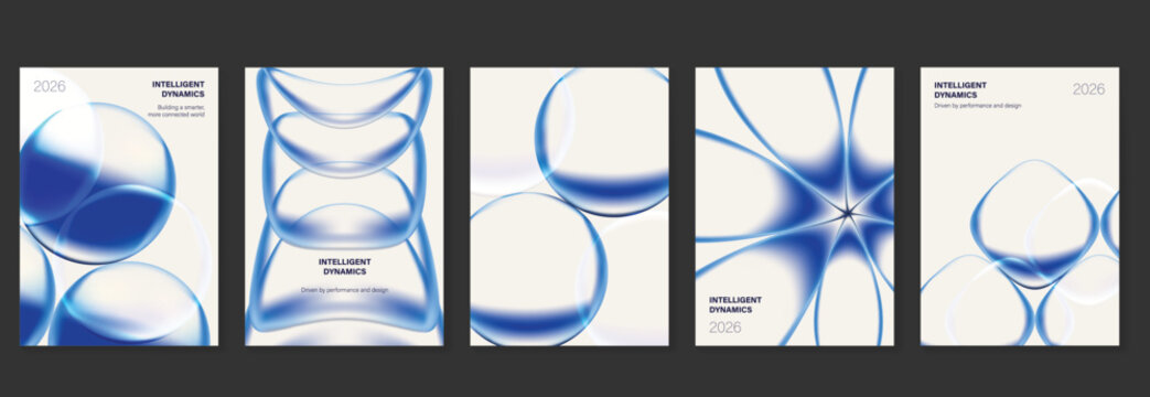 Abstract vector blue glass poster collection with fluid curves, transparent bubbles and clean futuristic cover layouts
