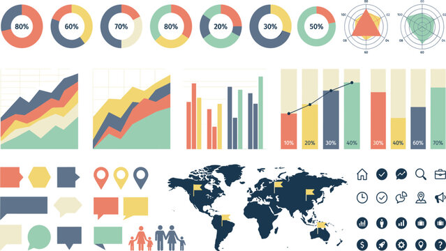 PrintBusiness infographic elements kit with world map charts graphs percentage diagrams speech bubbles map pointers and flat interface icons