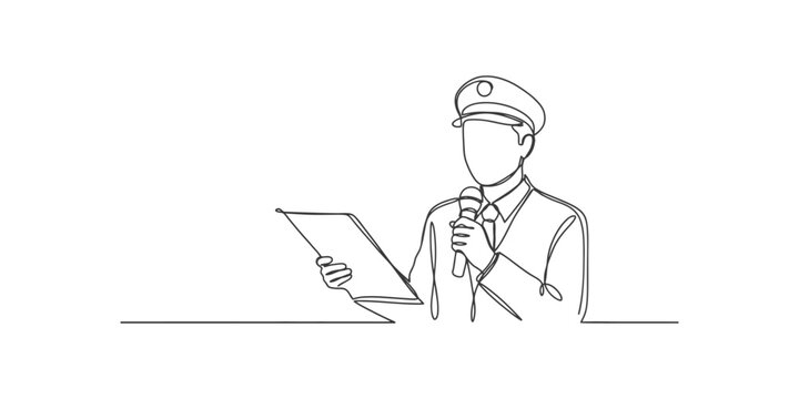 Continuous one line drawing of a pilot holding a microphone and reading a document