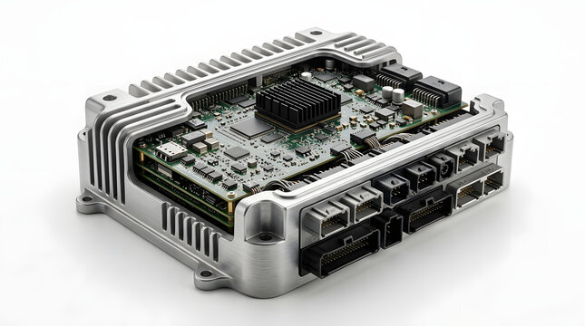 Detailed 3D Render of Embedded Electronic Control Unit with Aluminum Cooling Housing, Circuit Board and Multiple Communication Ports