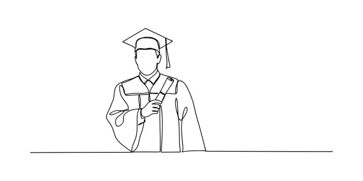Continuous one line drawing of a happy graduate student wearing a cap and gown holding a diploma certificate