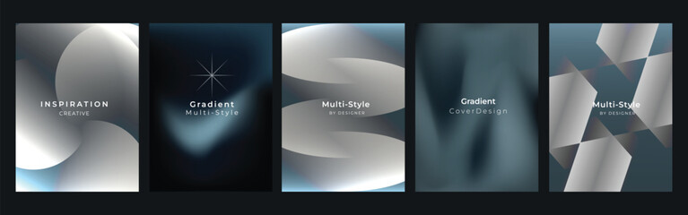 Obraz na płótnie Canvas Abstract vector gradient poster collection with metallic curves, dark blue backgrounds and modern geometric cover layouts