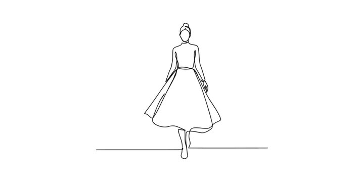 Continuous single line drawing of a woman walking in a long elegant dress